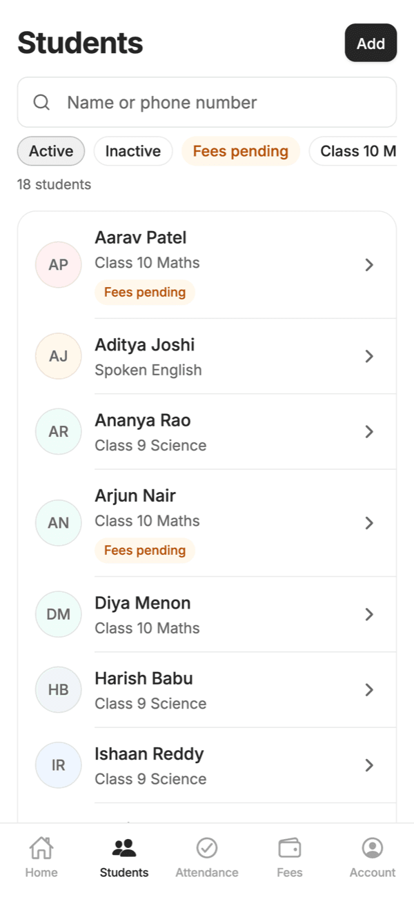Students list in ChalkPis Classes
